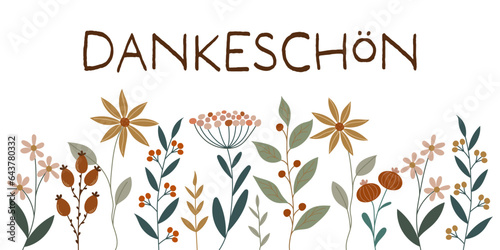 Dankeschön - Schriftzug in deutscher Sprache. Dankeskarte mit hübschen Blumen.