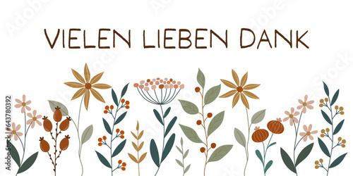 Vielen lieben Dank - Schriftzug in deutscher Sprache. Dankeskarte mit hübschen Blumen.
