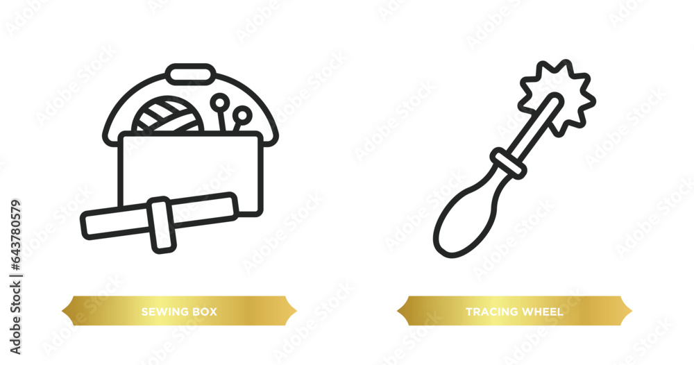 two editable outline icons from sew concept. thin line icons such as sewing box, tracing wheel vector. two editable outline icons from sew concept. thin line icons such as sewing box, tracing wheel vector.