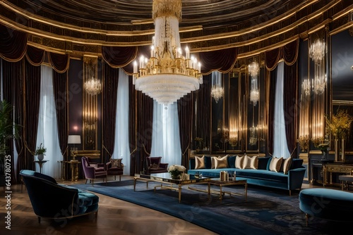 a living room with opulent chandeliers and velvet upholstery