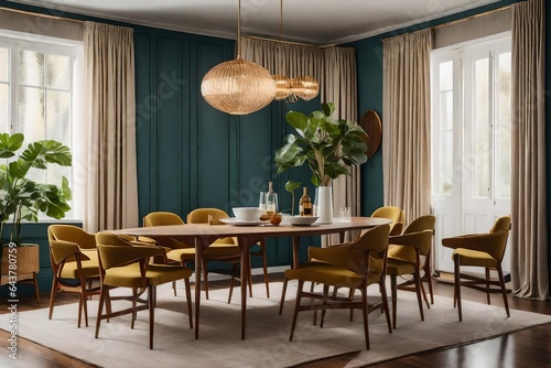 a scene ofa mid-century modern dining room with iconic chairs