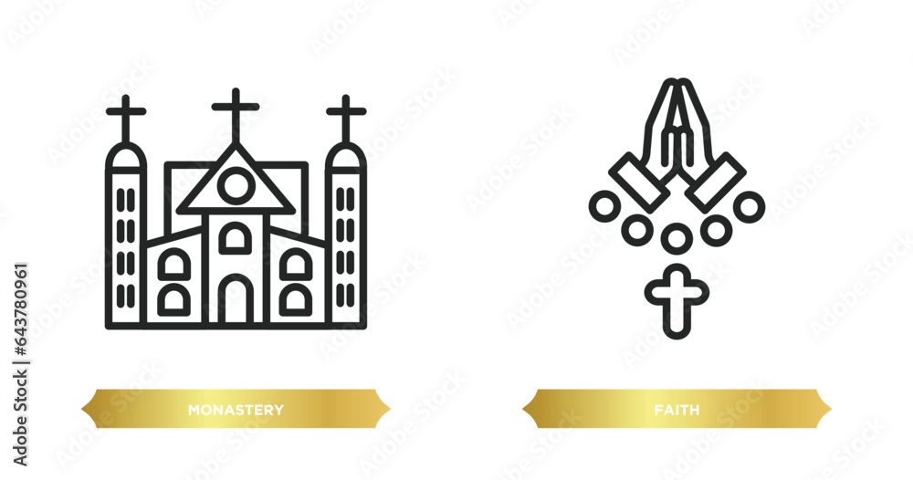 two editable outline icons from religion concept. thin line icons such as monastery, faith vector.