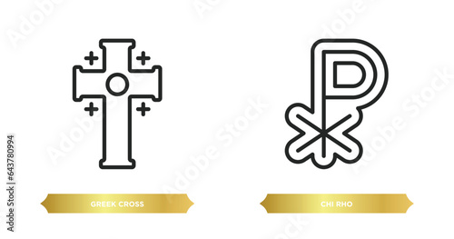 two editable outline icons from religion concept. thin line icons such as greek cross  chi rho vector.