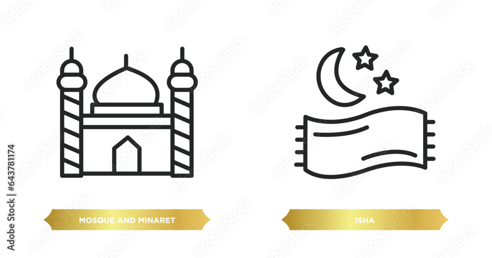 two editable outline icons from religion concept. thin line icons such as mosque and minaret, isha vector.