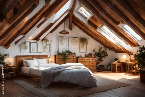 a cozy attic bedroom with sloped ceilings and skylights