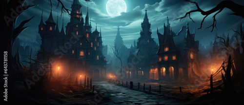 Happy Halloween spooky scary moon night scene horror landscape background. Creepy dark forest woods trees, moon and Happy Haloween ghosts gothic mysterious sky moonlight gloomy scenery backdrop. © Synthetica
