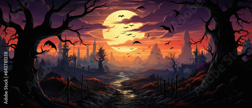 Halloween spooky background, scary jack o lantern pumpkins in creepy dark forest with bats, spooky trees, moon and old house Happy Haloween ghosts horror gothic mysterious night moonlight backdrop. © Synthetica