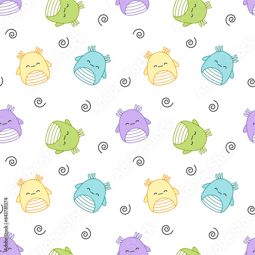 Cute newts on seamless pattern. Squishmallow. Background with newt. Kawaii, vector