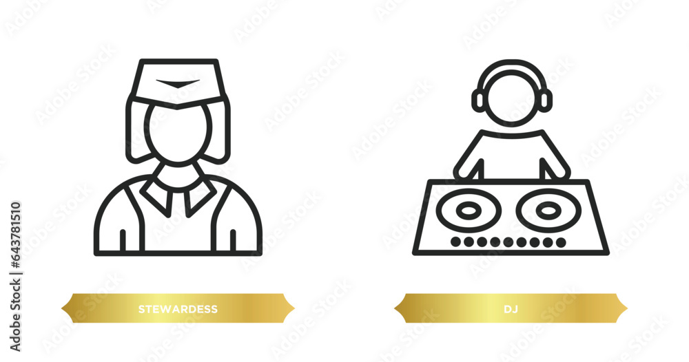 two editable outline icons from professions concept. thin line icons such as stewardess, dj vector. two editable outline icons from professions concept. thin line icons such as stewardess, dj vector.