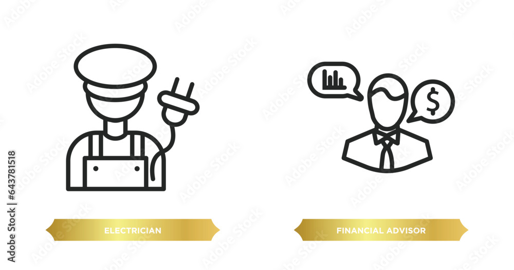 two editable outline icons from professions concept. thin line icons such as electrician, financial advisor vector. two editable outline icons from professions concept. thin line icons such as electrician, financial advisor vector.