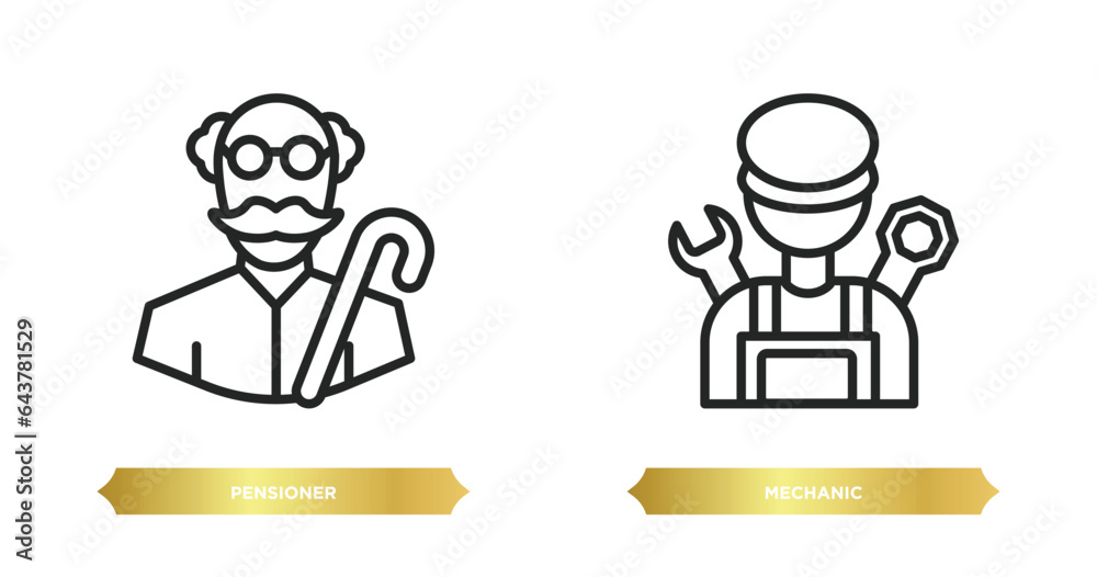 two editable outline icons from professions concept. thin line icons such as pensioner, mechanic vector.