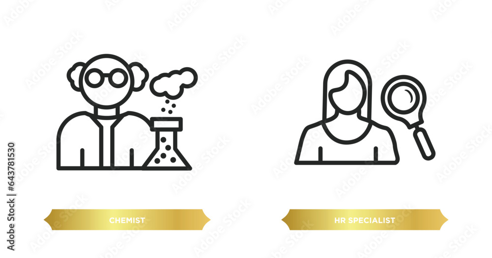 two editable outline icons from professions concept. thin line icons such as chemist, hr specialist vector. two editable outline icons from professions concept. thin line icons such as chemist, hr specialist vector.