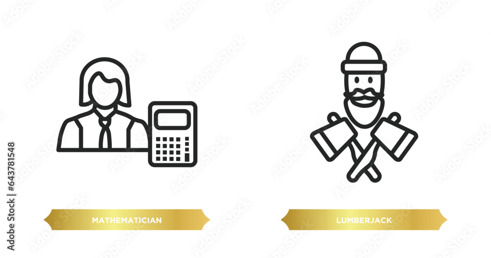 two editable outline icons from professions concept. thin line icons such as mathematician, lumberjack vector. two editable outline icons from professions concept. thin line icons such as mathematician, lumberjack vector.