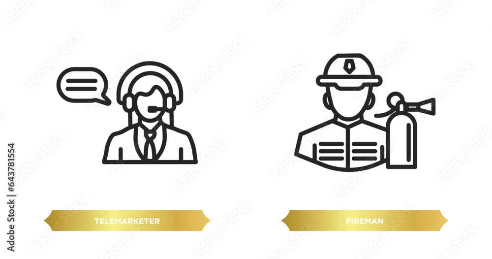 two editable outline icons from professions concept. thin line icons such as telemarketer, fireman vector. two editable outline icons from professions concept. thin line icons such as telemarketer, fireman vector.