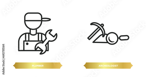 two editable outline icons from professions concept. thin line icons such as plumber, archeologist vector.