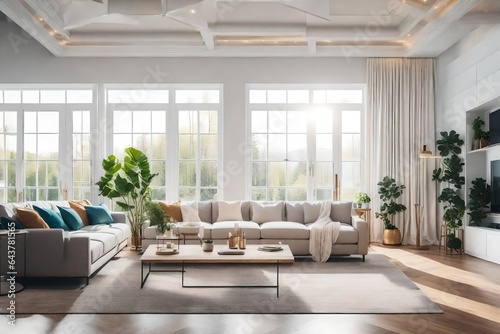 a scene ofan open-concept living room with large windows and natural light