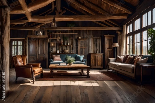 a rustic living room with  wooden beams and vintage furniture © Humaira