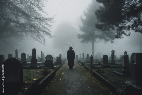 A lonely man in a graveyard in late autumn photo