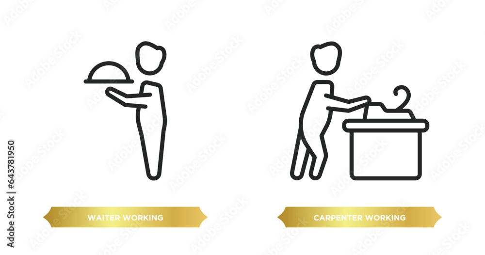two editable outline icons from people concept. thin line icons such as waiter working, carpenter working vector. two editable outline icons from people concept. thin line icons such as waiter working, carpenter working vector.
