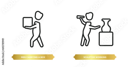 two editable outline icons from people concept. thin line icons such as men carrying a box, sculptor working vector.