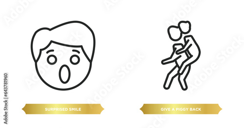 two editable outline icons from people concept. thin line icons such as surprised smile, give a piggy back ride vector.