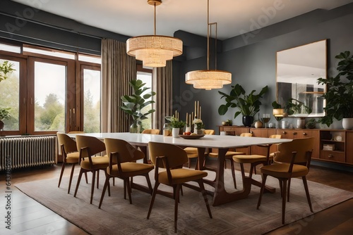 a scene ofa mid-century modern dining room with iconic chairs