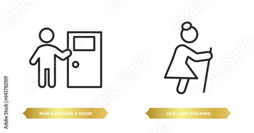two editable outline icons from people concept. thin line icons such as man knocking a door, old lady walking vector.