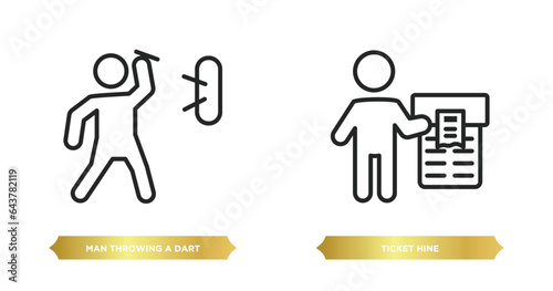 two editable outline icons from people concept. thin line icons such as man throwing a dart, ticket hine vector.