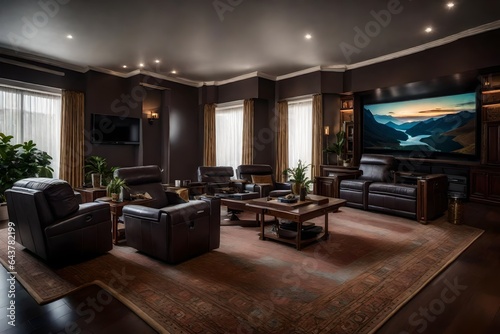 a living room witha home theater setup and reclining leather chairs