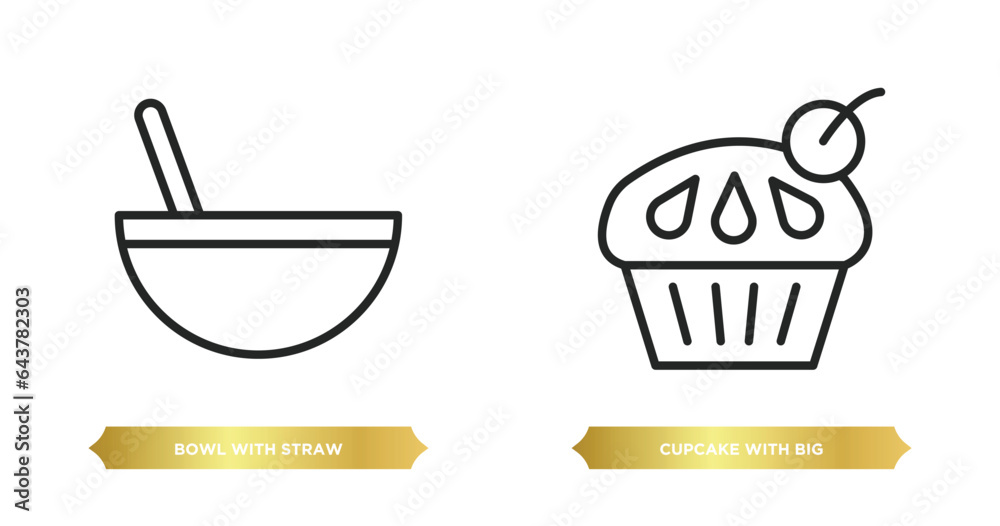two editable outline icons from party concept. thin line icons such as bowl with straw, cupcake with big cherry vector. two editable outline icons from party concept. thin line icons such as bowl with straw, cupcake with big cherry vector.