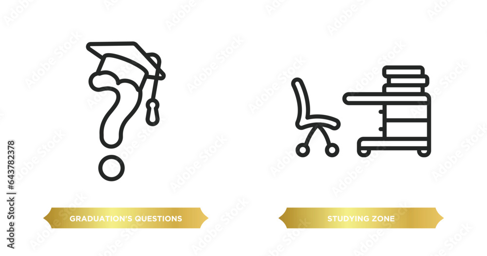 two editable outline icons from other concept. thin line icons such as graduation's questions, studying zone vector. two editable outline icons from other concept. thin line icons such as graduation's questions, studying zone vector.