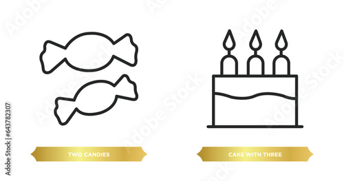 two editable outline icons from party concept. thin line icons such as two candies, cake with three candles vector.