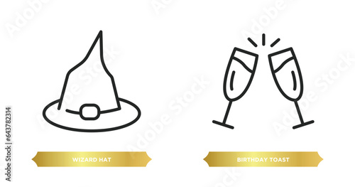 two editable outline icons from party concept. thin line icons such as wizard hat, birthday toast vector.