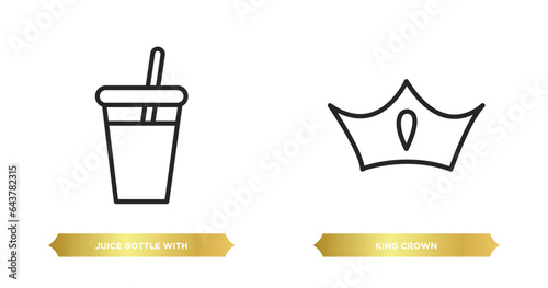 two editable outline icons from party concept. thin line icons such as juice bottle with straw, king crown vector.