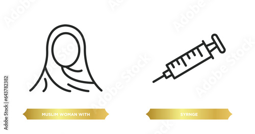 two editable outline icons from other concept. thin line icons such as muslim woman with hijab, syrnge vector.