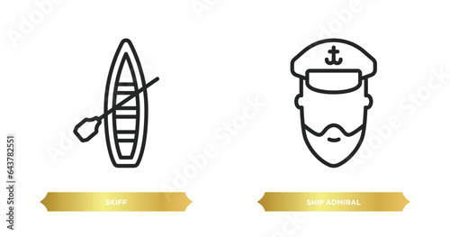 two editable outline icons from nautical concept. thin line icons such as skiff, ship admiral vector.