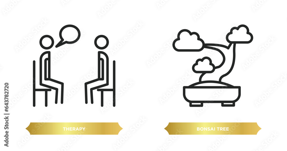 two editable outline icons from nature concept. thin line icons such as therapy, bonsai tree vector. two editable outline icons from nature concept. thin line icons such as therapy, bonsai tree vector.
