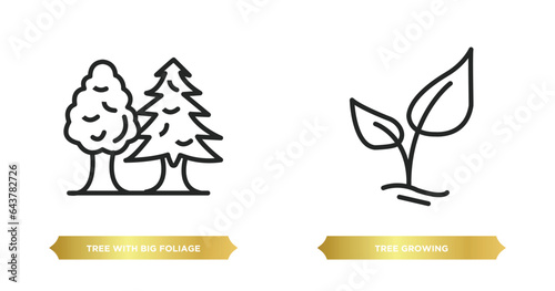 two editable outline icons from nature concept. thin line icons such as tree with big foliage, tree growing vector.