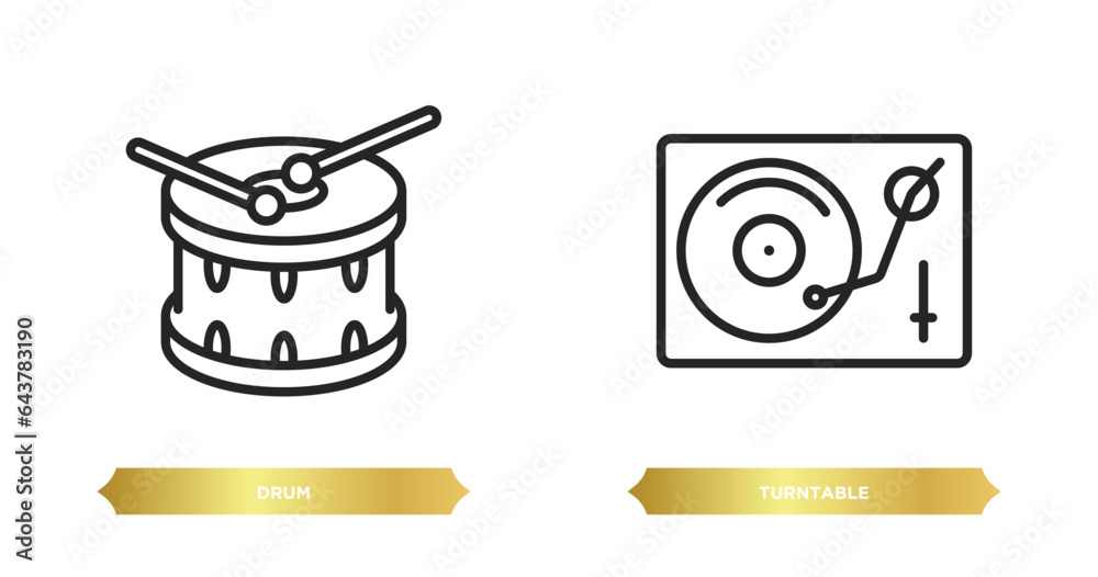 two editable outline icons from music concept. thin line icons such as drum, turntable vector. two editable outline icons from music concept. thin line icons such as drum, turntable vector.