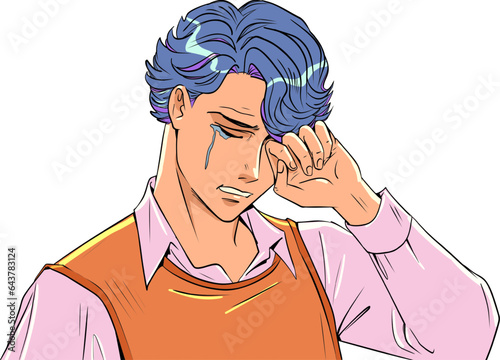 Experiences due to life problems. Men can cry too. Nice young anime guy crying. Pop Art Retro