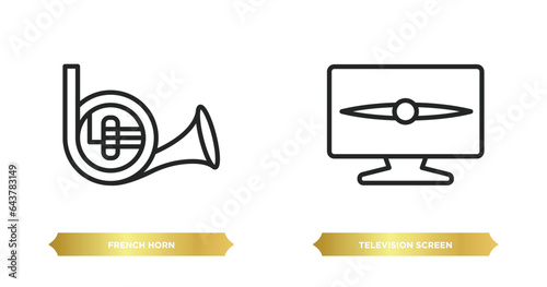 two editable outline icons from music and media concept. thin line icons such as french horn, television screen off vector.