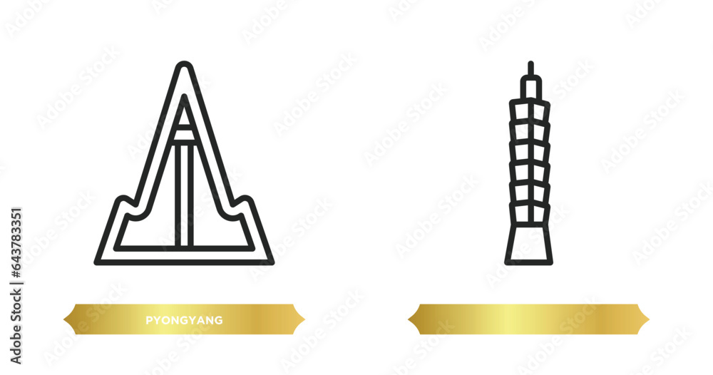 two editable outline icons from monuments concept. thin line icons such as pyongyang, vector. two editable outline icons from monuments concept. thin line icons such as pyongyang, vector.