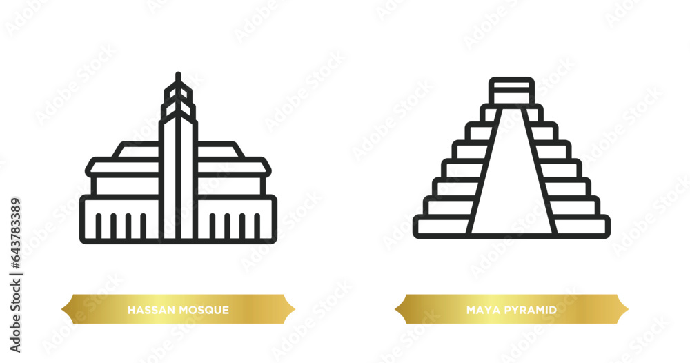 two editable outline icons from monuments concept. thin line icons such as hassan mosque, maya pyramid vector.