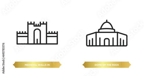 two editable outline icons from monuments concept. thin line icons such as medieval walls in avila, dome of the rock vector.