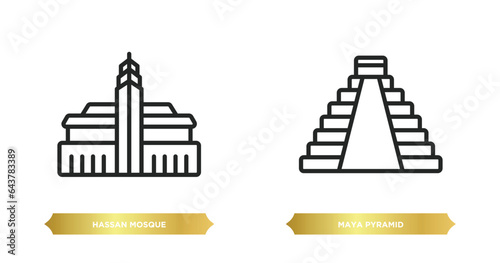 two editable outline icons from monuments concept. thin line icons such as hassan mosque, maya pyramid vector.