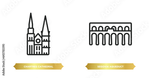 two editable outline icons from monuments concept. thin line icons such as chartres cathedral, segovia aqueduct vector.