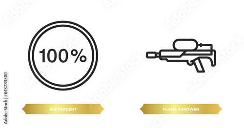 two editable outline icons from miscellaneous concept. thin line icons such as 100 percent, flame thrower vector.