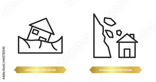 two editable outline icons from meteorology concept. thin line icons such as landslide and house, avalanche and house vector.