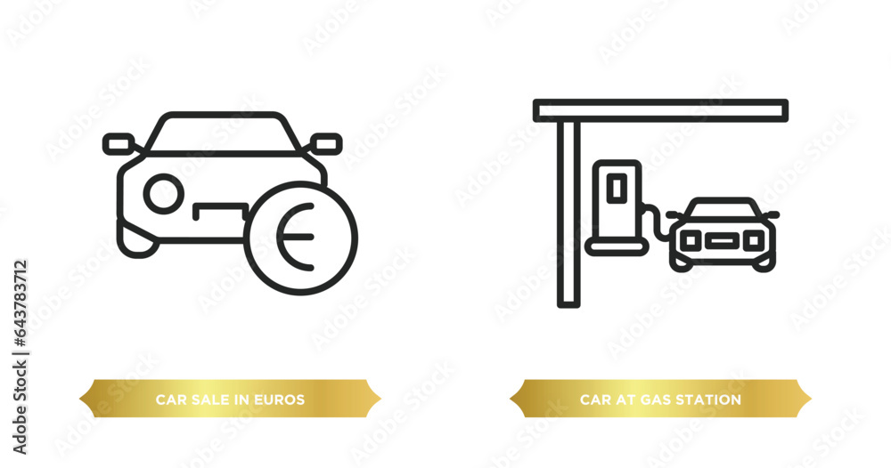two editable outline icons from mechanicons concept. thin line icons such as car sale in euros, car at gas station vector.