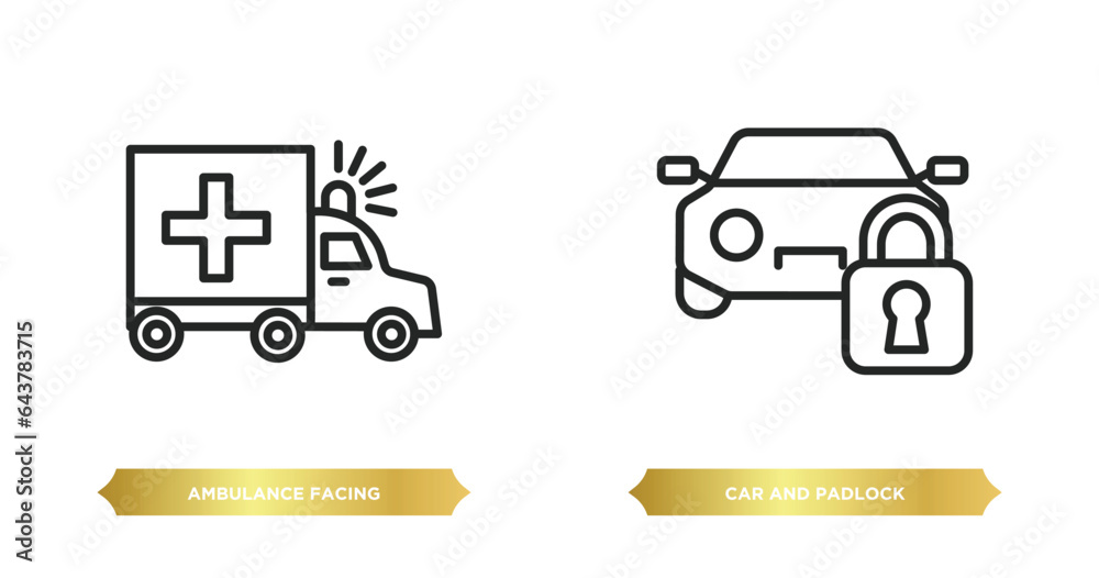 two editable outline icons from mechanicons concept. thin line icons such as ambulance facing left, car and padlock vector.